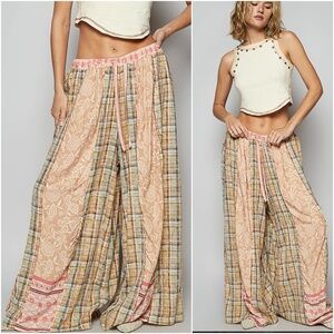 POL floral plaid print stretchy waist wide leg pants